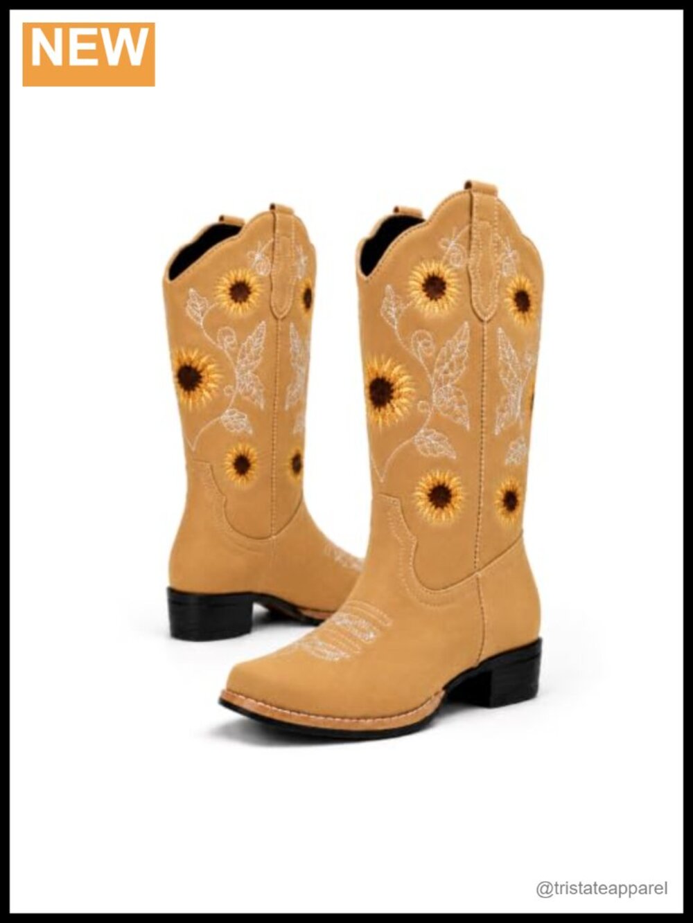 Sunflower Embroidered Cowboy Boots Square Toe Mid Calf Low Heel